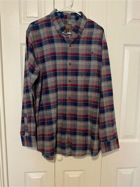 Men's Gray Plaid Button-Down Shirt with Red and Blue Checks